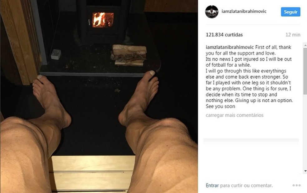 Ibrahimovic posta foto da perna em rede social e diz que não vai parar (Foto: Reprodução / Instagram)