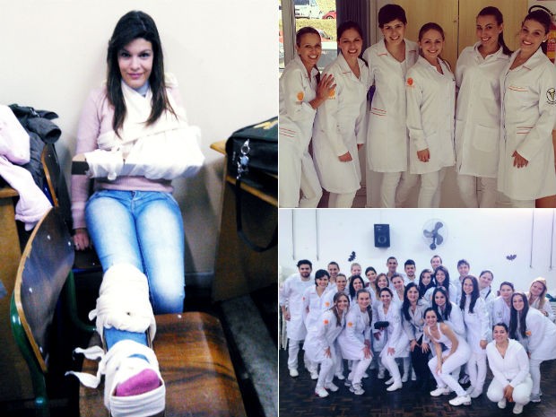 Maria Carolina durante uma aula prática e depois, com colegas do curso de fisioterapia (Foto: Arquivo Pessoal) Maria Carolina durante uma aula prática e depois, com colegas do curso de fisioterapia (Foto: Arquivo Pessoal)