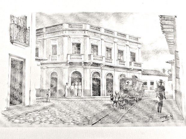 Gravura de Moacyr Freitas mostra bondinho passando pela antiga Casa Orlando, centro de Cuiabá. (Foto: Acervo do Instituto Histórico e Geográfico de Mato Grosso)
