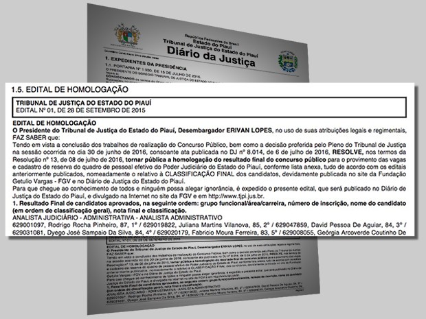 Homologação do concurso do Tribunal de Justiça do Piauí (Foto: Diario Oficial)