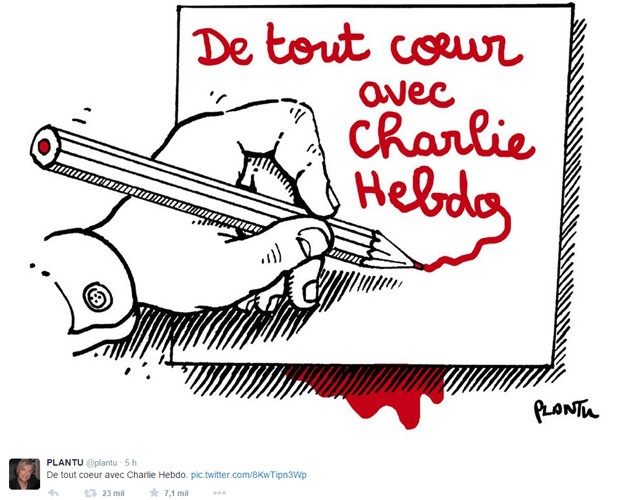 Jornal francês 'Le Monde' postou tirinha do cartunista Plantu em homenagem aos artistas mortos no ataque à sede da 'Charlie Hebdo' (Foto: Reprodução/Twitter)