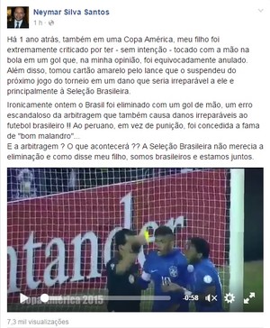 Pai de Neymar se irritou com repercussão dada a gol de mão (Foto: Reprodução/ Facebook)