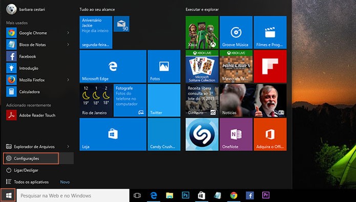 Acesse as configurações no menu iniciar do Windows 10 (Foto: Reprodução/Barbara Mannara)