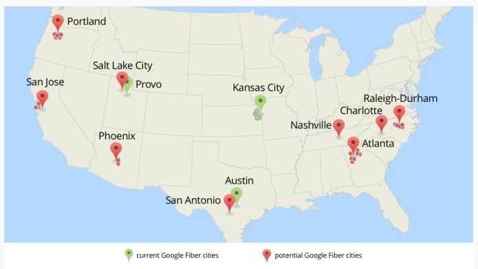 Cidades que possuem o Google Fiber, em verde, e as que vão ter o sistema, em vermelho (Foto: Divulgação)