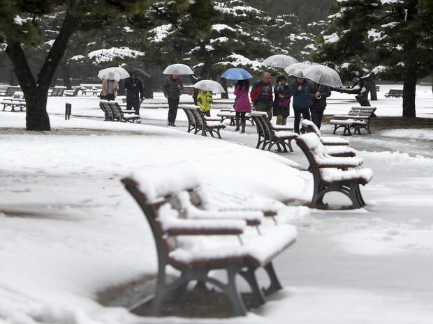 Pessoas carregam guarda-chuvas em rua coberta de neve próxima ao Palácio Imperial em Tóquio, no Japão  (Foto: REUTERS/Yuya Shino)