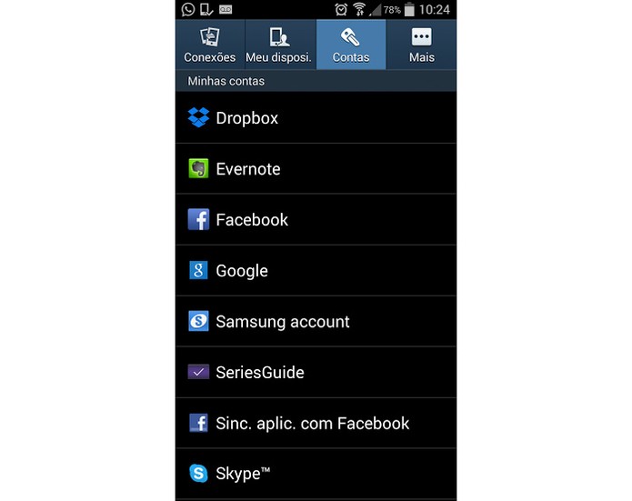 Menu de configuração de contas no Galaxy S4 (Foto: Reprodução) Menu de configuração de contas no Galaxy S4 (Foto: Reprodução)