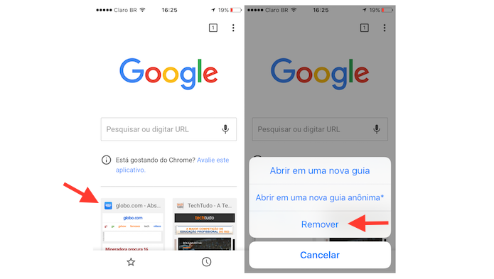 Removendo a miniatura de um site da página inicial do Google Chrome para iPhone (Foto: Reprodução/Marvin Costa)