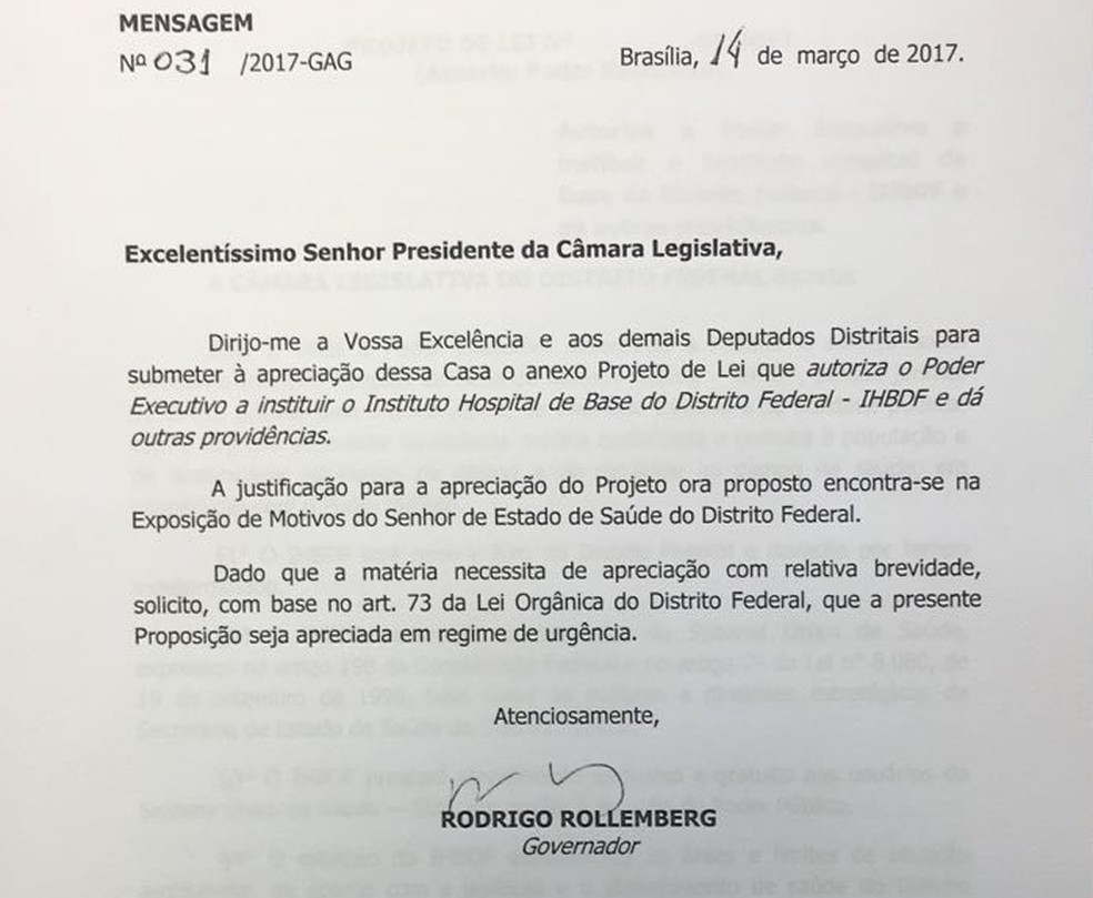 Trecho da carta endereçada pelo governador Rollemberg a deputados (Foto: Reprodução)