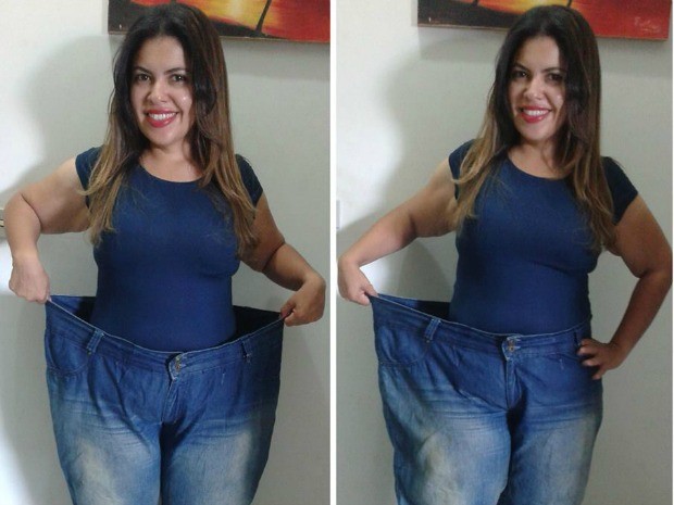 Luciana mostra calça jeans que já usou. Foto é de janeiro de 2015 (Foto: Luciana Navarro/ Arquivo Pessoal)