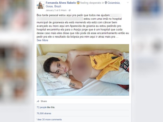 Postagem sobre a paciente teve mais de 76 mil compartilhamentos Goiás Goianésia (Foto: Reprodução/Facebook)