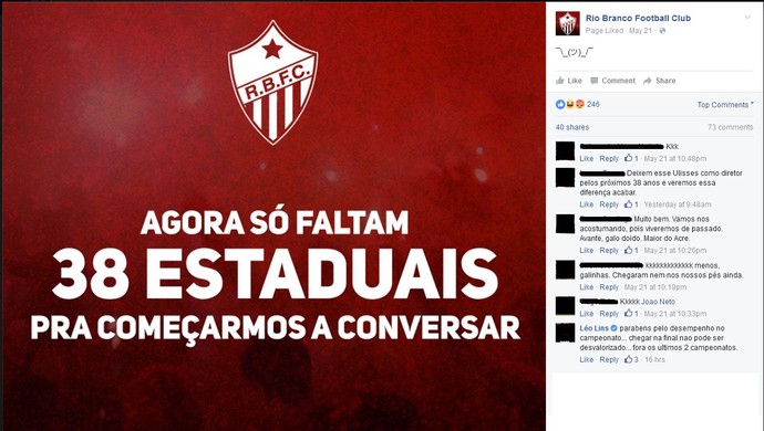 Rio Branco provoca Atlético-AC na web após perder título do Acreano (Foto: Reprodução/Facebook)
