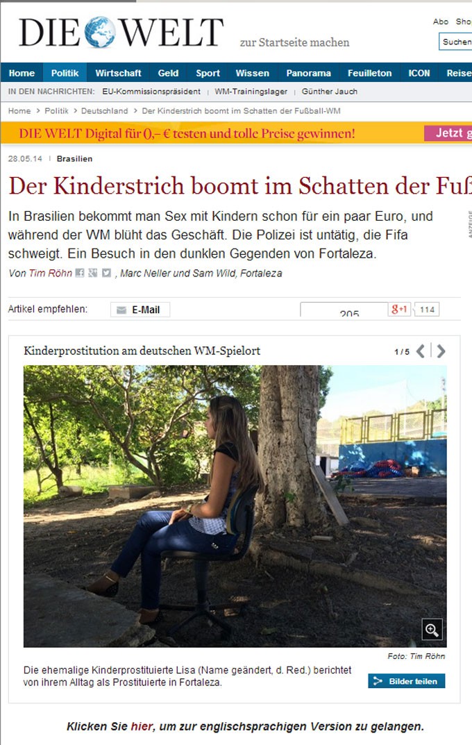 Reportagem no site do jornal alemão tem foto da ex-prostituta infantil