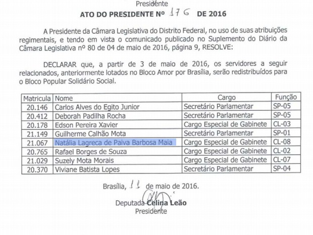 Ato da presidente da Câmara, Celina Leão (PPS), determina redistribuição de Natália Maia (Foto: Reprodução)