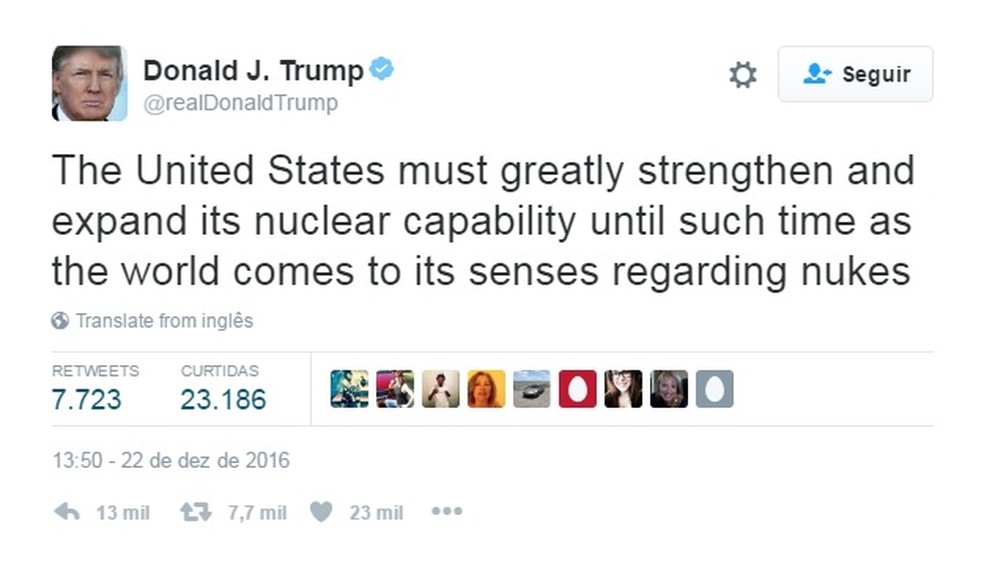 Tuíte de Trump sobre armas nucleares (Foto: Reprodução/Twitter/realDonaldTrump)