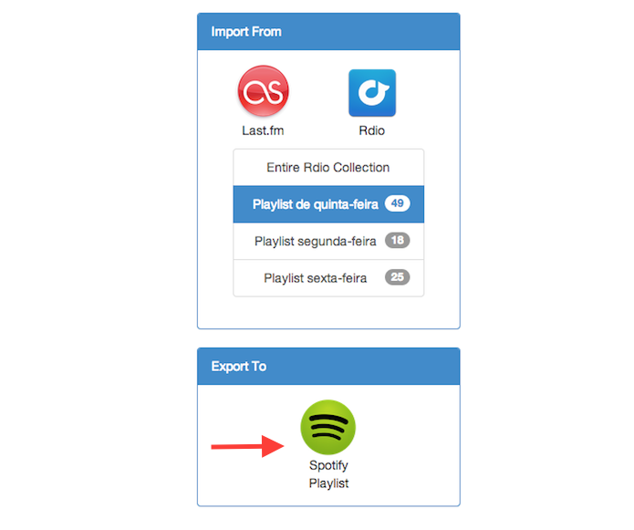 Clicando sobre o ícone do Spotify para preparar o serviço para receber as playlists do Rdio (Foto: Reprodução/Marvin Costa)
