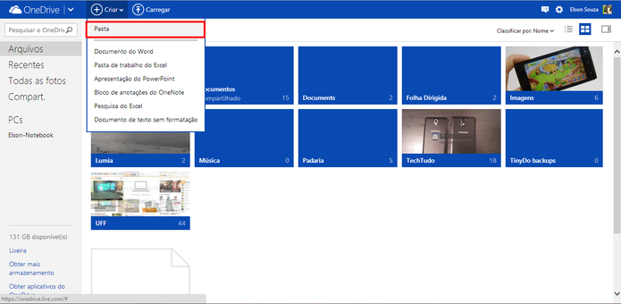 OneDrive oferece a opção de criar pastas para organizar melhor seus arquivos na nuvem (Foto: Reprodução/Elson de Souza)
