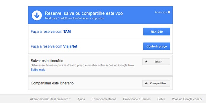Finalização da busca no Google Voos (Foto: Reprodução/Barbara Mannara)