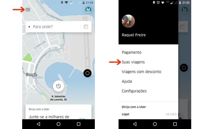 Caminho para menu de viagens feitas e agendadas do Uber (Foto: Reprodução/Raquel Freire)