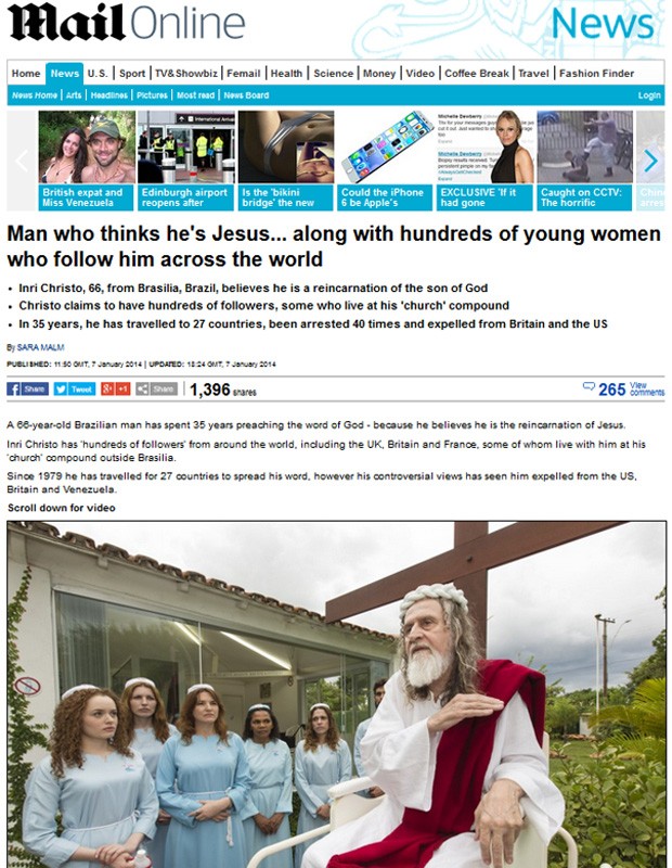 Jornal britânico fez reportagem com homem que se proclama a reencarnação de Jesus Cristo (Foto: Daily Mail/Reprodução)