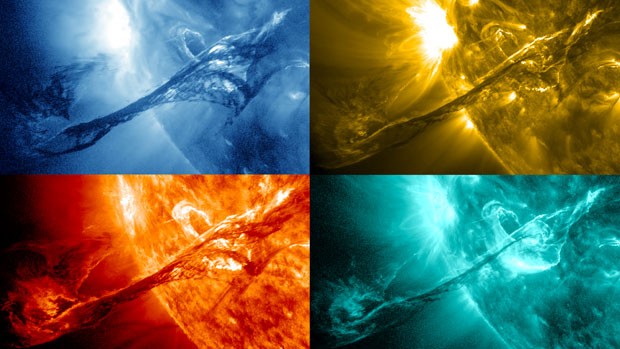 Sequência mostra momento em que filamento de gás se desprende da superfície solar (Foto: NASA/SDO/AIA/GSFC)