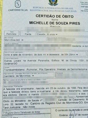 Certidão de óbito apontou causa da morte da empresária Michelle de Souza Pires, em Goiás (Foto: Reprodução/TV Anhanguera)