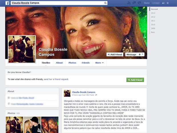 Página de Cláudia Bossle em uma rede social (Foto: Reprodução/Facebook)
