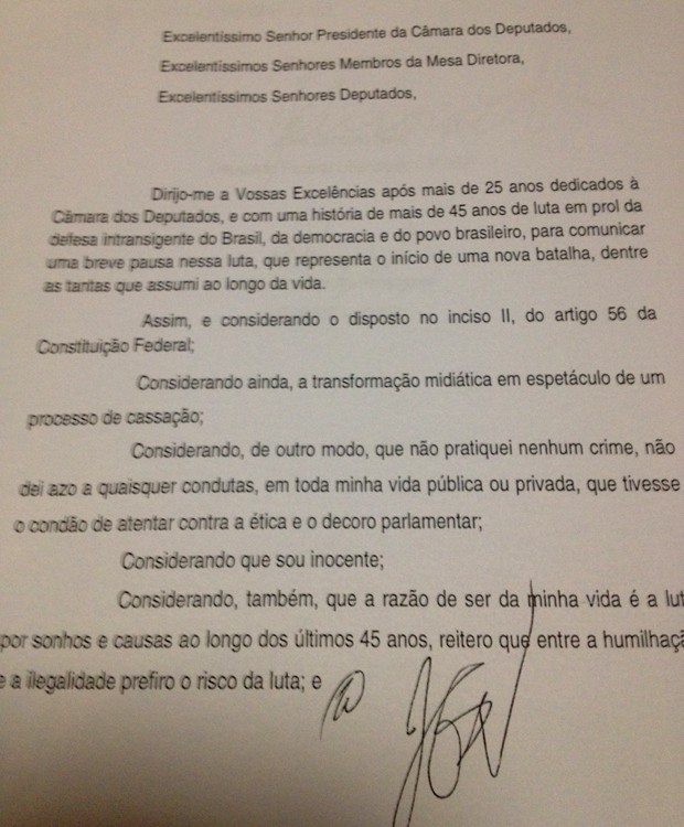 Carta de renúncia do deputado José Genoino  (Foto: Reprodução)
