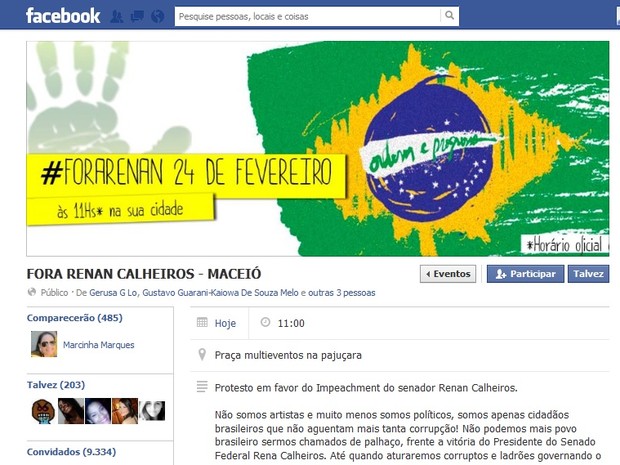 Página do protesto Fora Renan no facebook já apresentava baixa adesão de participantes (Foto: Reprodução/Facebook)