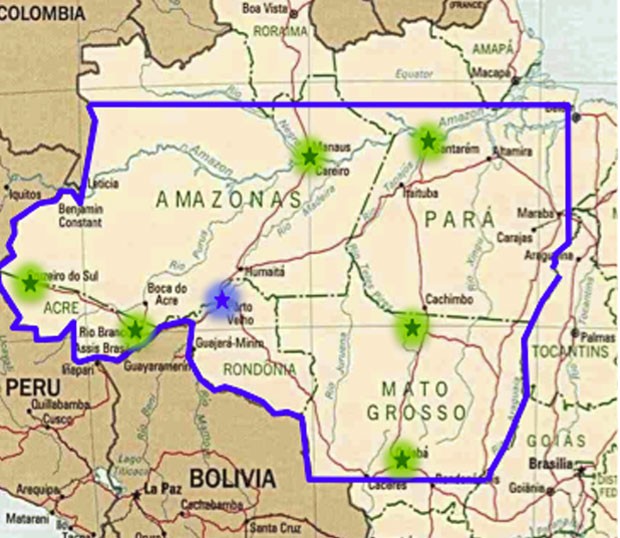 Região de interesse para os voos do projeto Sambba está contornada de azul. Cinco estados da Amazônia Legal serão analisados. (Foto: Divulgação/Inpe)