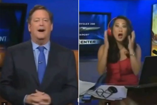 Ginger Chan (à direita) não percebeu que seu microfone estava ligado e chamou o apresentador Sam Rubin de 'gordo' (Foto: Reprodução/YouTube/ViralVideosDaily)