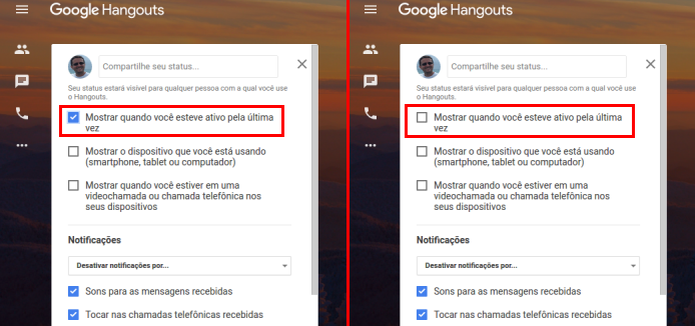 Desativando o status "Visto pela última vez" no Hangouts web (Foto: Reprodução/Edivaldo Brito) (Foto: Desativando o status "Visto pela última vez" no Hangouts web (Foto: Reprodução/Edivaldo Brito)) Desativando o status "Visto pela última vez" no Hangouts web (Foto: Reprodução/Edivaldo Brito) (Foto: Desativando o status "Visto pela última vez" no Hangouts web (Foto: Reprodução/Edivaldo Brito))