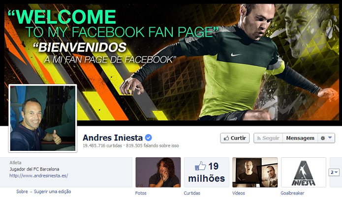 Andres Iniesta do Barcelona tem 19,334,986 de fãs no Facebook (Foto: Reprodução/Facebook)