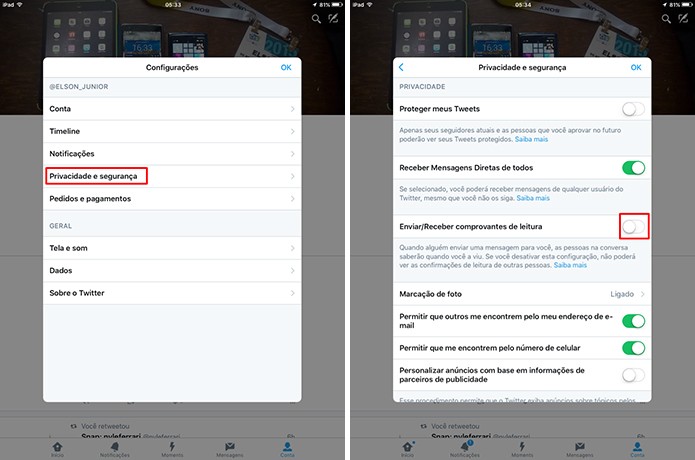 Twitter para iOS também desativa recibos de mensagens em privacidade e segurança (Foto: Reprodução/Elson de souza)