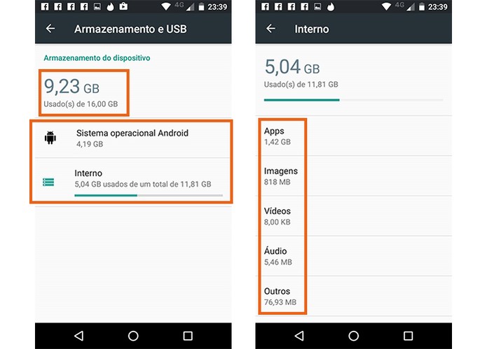 Confira o quando de espaço já está ocupado do total no Moto G 3 (Foto: Reprodução/Barbara Mannara)