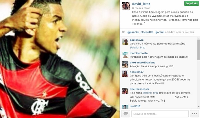 David Braz homenageia o aniversário do Flamengo (Foto: Reprodução/Instagram)
