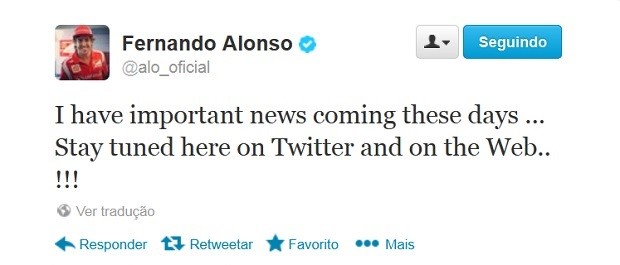 Fernando Alonso faz mistério no twitter (Foto: Reprodução)