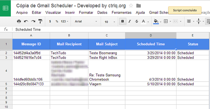 Gmail Scheduler é script de agendamento de e-mails que funciona em uma planilha do Docs (Foto: Reprodução/Paulo Alves)