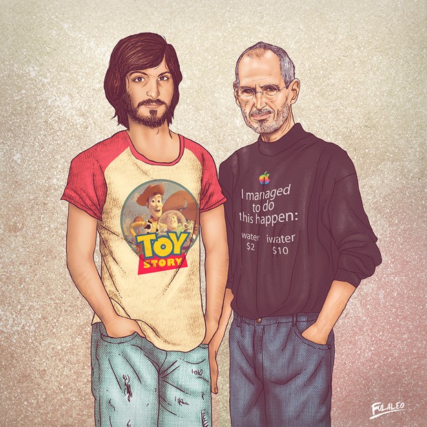 Finado Steve Jobs aparece de um lado com camiseta do filme 'Toy Story', do estúdio Pixar, comprado pela Apple, e do outro em versão adulta, pouco antes de sua morte (Foto: Behance/Fulaleo)