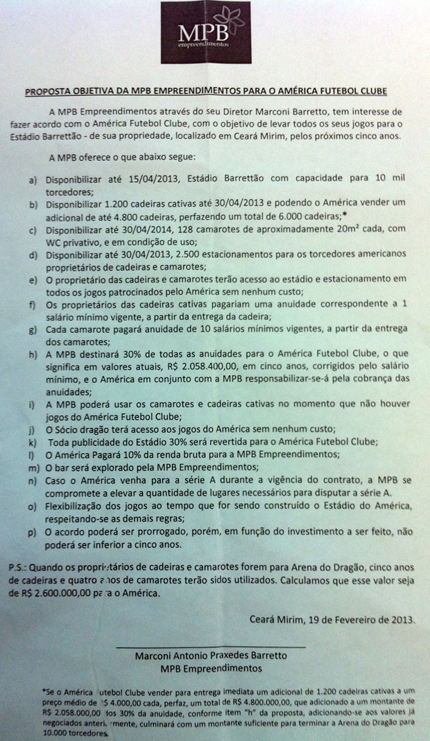 Carta de intenções de empresa para que América-RN jogue no Estádio Barretão (Foto: Reprodução)