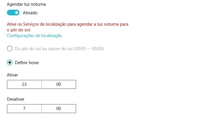 Configurando o agendamento do modo noturno (Foto: Reprodução/Helito Bijora)