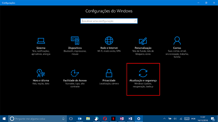 Abra a opção Atualização e Segurança das configurações do Windows 10 (Foto: Reprodução/Elson de Souza)