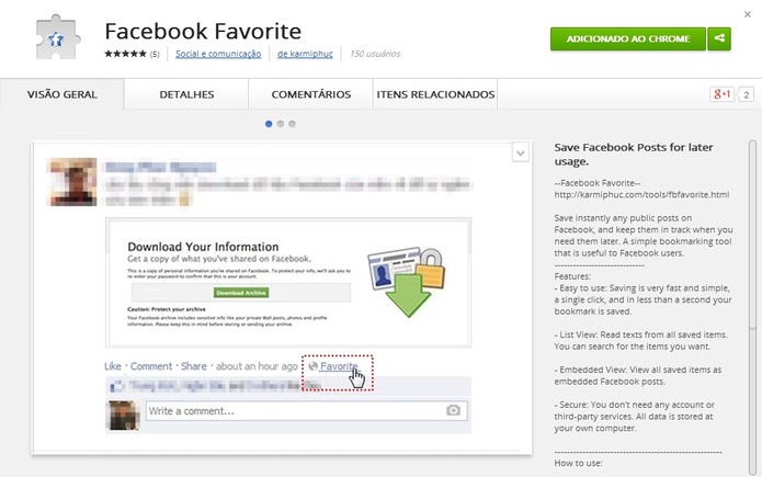Extensão Facebook Favorite na Chrome Store (Foto: Reprodução/ Marcela Vaz)