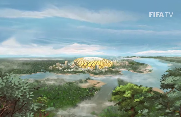 Na realidade pode não ser bem assim, mas no vídeo a Arena Amazônia está no meio da floresta (Foto: Reprodução/Youtube)