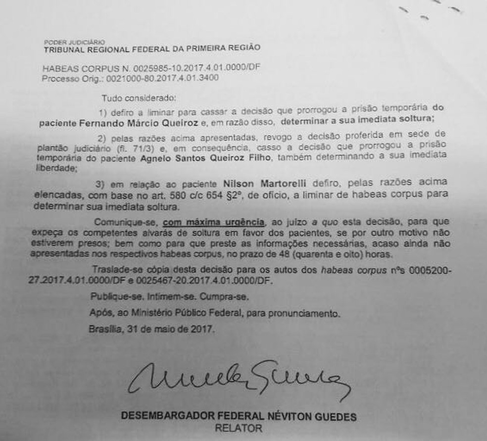 Trecho da decisão que libera o ex-governador Agnelo Queiroz (Foto: Reprodução)