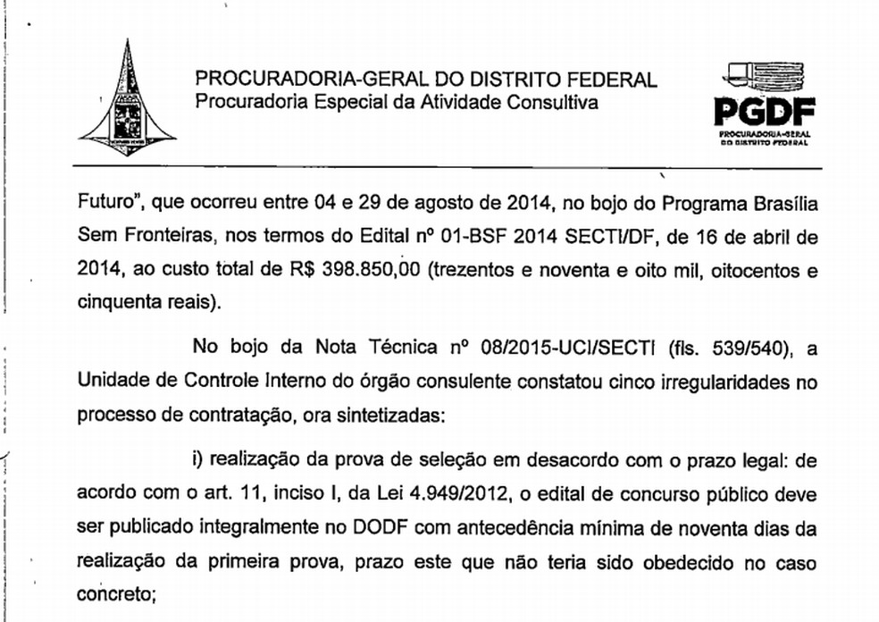 Parecer da Procuradoria-Geral do DF sobre o curso na Nova Zelândia (Foto: Reprodução)