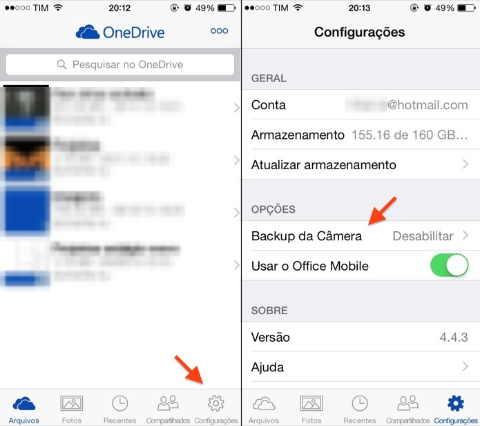 Acesse as configurações do aplicativo OneDrive (Foto: Reprodução/Helito Bijora) 