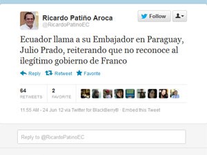Chanceler equatoriano publicou decisão em seu twitter (Foto: Reprodução)