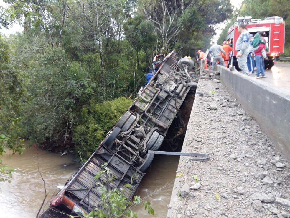 Ônibus tombou em uma ponte na ERS-400 (Foto: Patricia Steffanello / Rádio Sorriso FM)