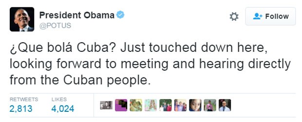 O presidente dos EUA, Barack Obama, publicou mensagem no Twitter ao pousar em Cuba neste domingo (20) para uma visita histórica de três dias (Foto: Reprodução/Twitter/POTUS)