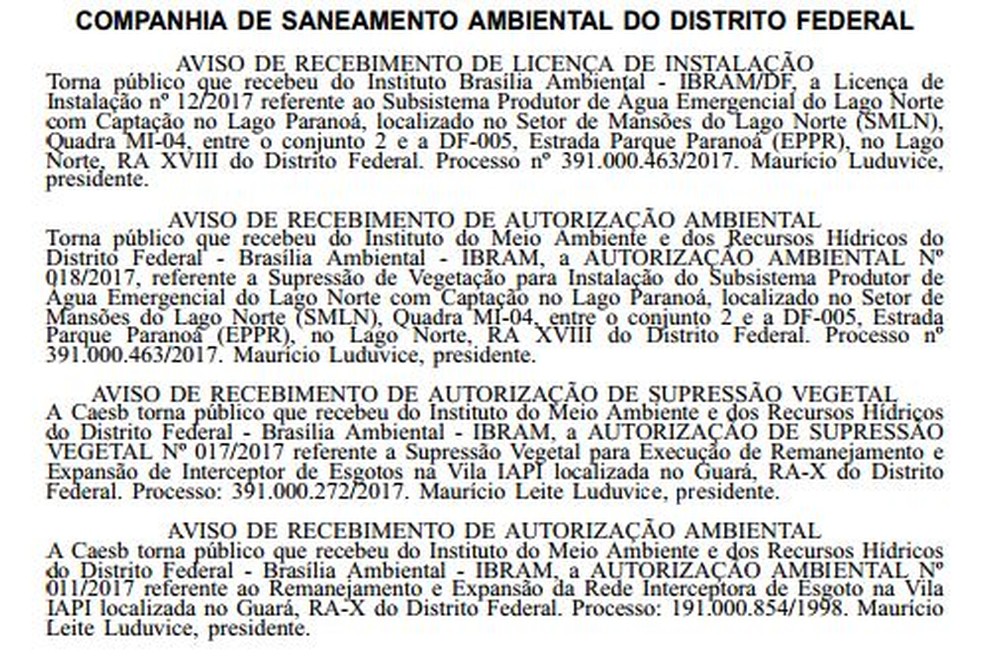 Trecho do Diário Oficial que traz autorizações para Caesb implementar obra no Lago Paranoá (Foto: Reprodução)